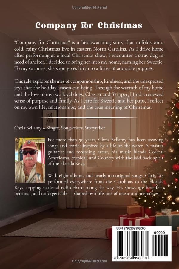 Book back cover of Chris Bellamy’s Company for Christmas, a cozy 37-page Christmas story about love, family, and a loyal dog.