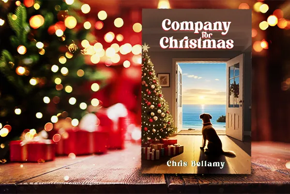 Book cover of Chris Bellamy’s Company for Christmas, a cozy 37-page Christmas story about love, family, and a loyal dog.
